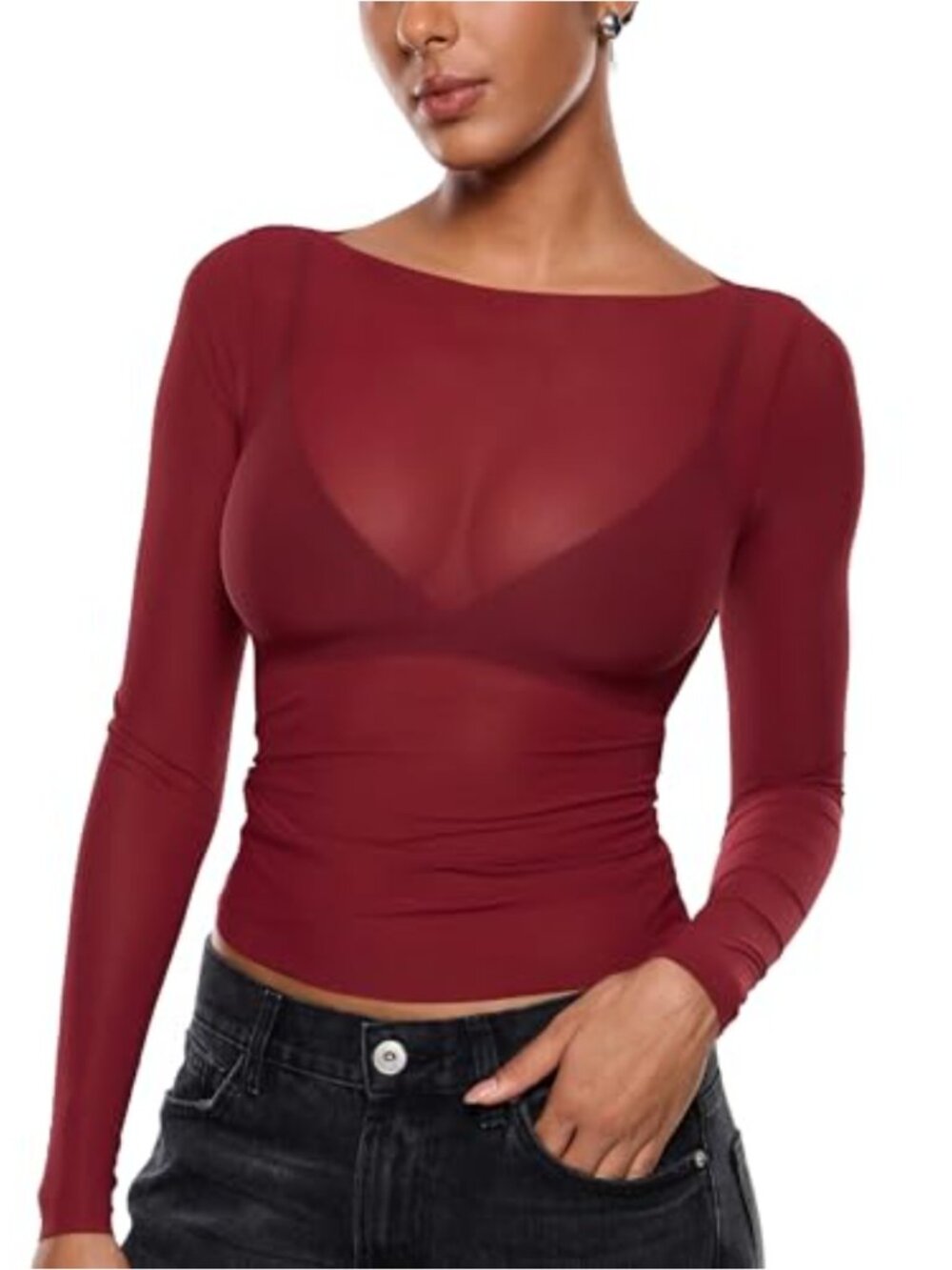 Women's Sheer Mesh Long Sleeve Top Boat Neck Slim Fit